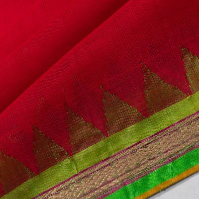 Ponduru Handspun Cotton Plain Red Saree With Jamdani pallu