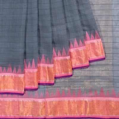 Ponduru Handspun Cotton Horizontal Lines Grey Saree