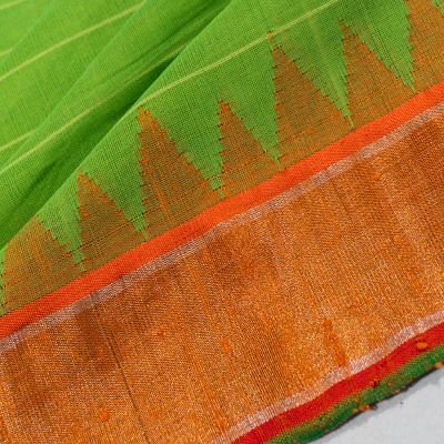 Ponduru Handspun Cotton Horizontal Lines Parrot Green Saree