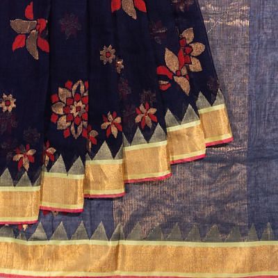 Ponduru Handspun Cotton Jamdani Butta Dark Blue Saree