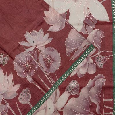 Tussar Printed And Outlined Embroidery Maroon Saree