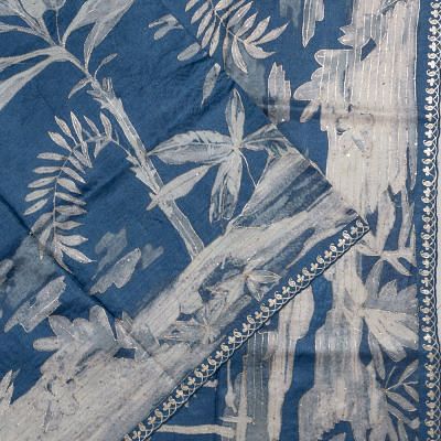 Tussar Printed And Outlined Embroidery Dark Blue Saree