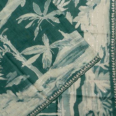 Tussar Printed And Outlined Embroidery Dark Green Saree