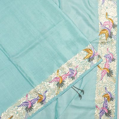 Tussar Plain Baby Sky Blue Saree With Embroidery Border And Pallu