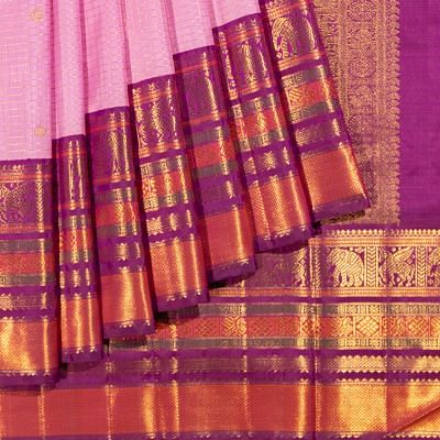 Kanchipuram Silk Checks And Butta Pink Saree