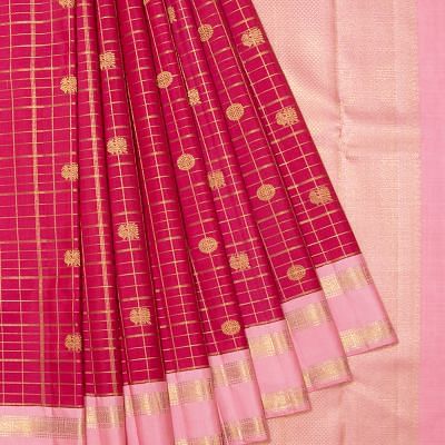 Classic Kanchipuram Silk Checks And Butta Pink Saree