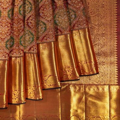 Kanchipuram Silk Tissue Brocade Maroon And Green Saree