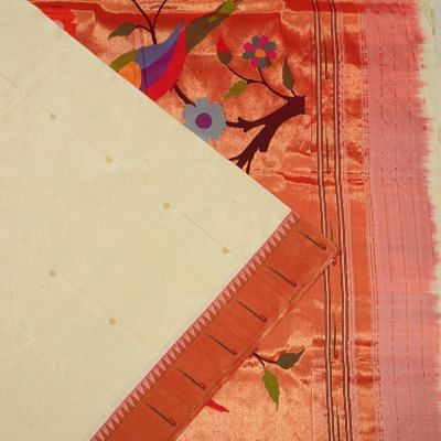 Paithani Silk Butta Off White Saree With Single Muniya Border