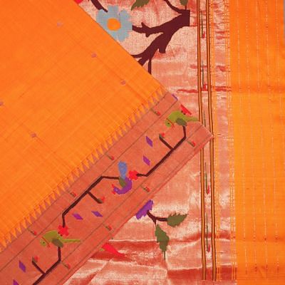 Paithani Silk Butta Orange Saree With Akruthi Border