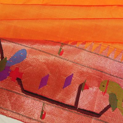 Paithani Silk Butta Orange Saree With Akruthi Border