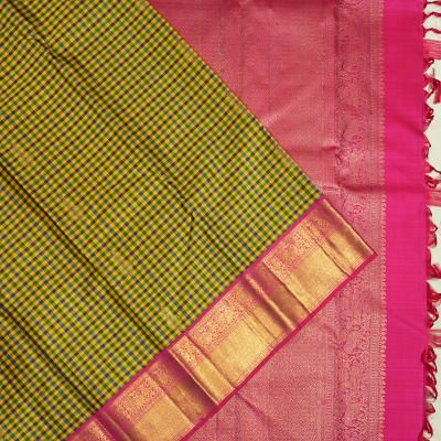 Kanchipuram Silk Checks And Butta Yellow Saree