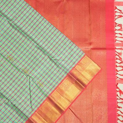 Kanchipuram Silk Checks And Butta Sea Green Saree