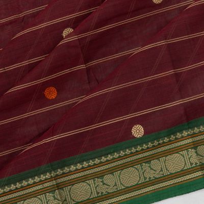 Chettinad Cotton Horizontal Lines And Butta Maroon Saree