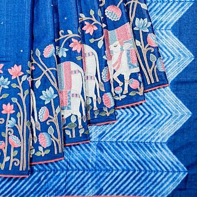 Tussar Embroidery Butta Royal Blue Saree