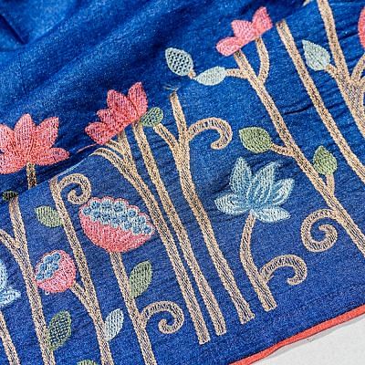 Tussar Embroidery Butta Royal Blue Saree