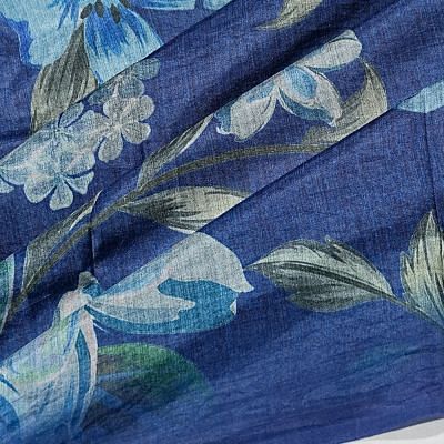 Satin Floral Printed Royal Blue Saree