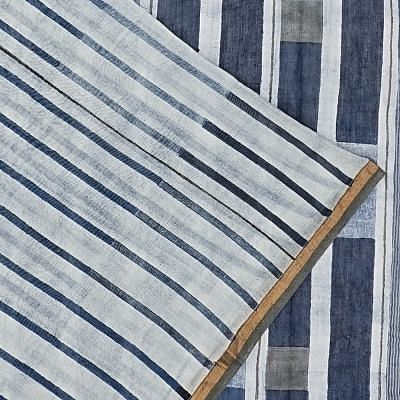 Chanderi Cotton Vertical Lines White And Blue Saree