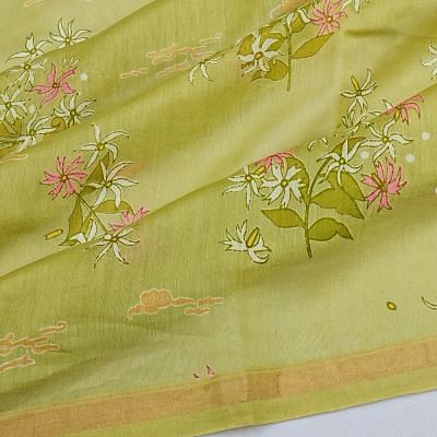 Chanderi Cotton Floral Printed Pista Green Saree