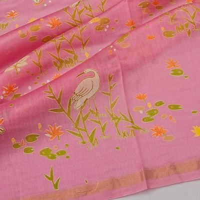 Chanderi Cotton Floral Printed Pink Saree