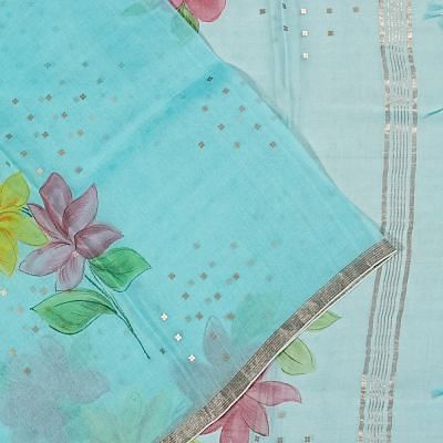 Organza Floral Printed Sky Blue Saree With Sequin Work