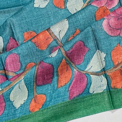 Tussar Floral Printed Blue Saree