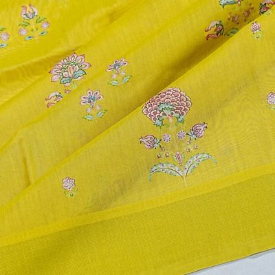 Chanderi Cotton Floral Printed Lemon Yellow Saree