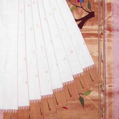 Paithani Silk Butta White Saree With Muniya Border