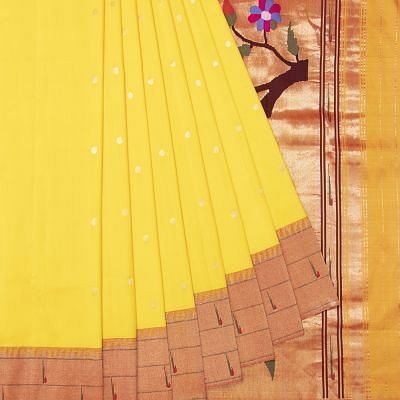 Paithani Silk Butta Yellow Saree With Triple Muniya Border