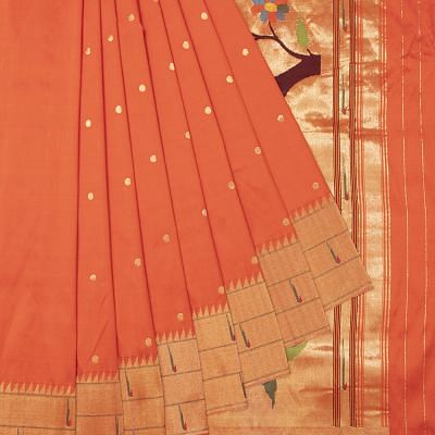 Paithani Silk Butta Orange Saree With Triple Muniya Border