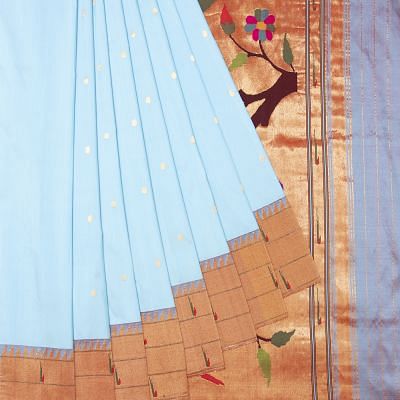 Paithani Silk Butta Powder Blue Saree With Triple Muniya Border