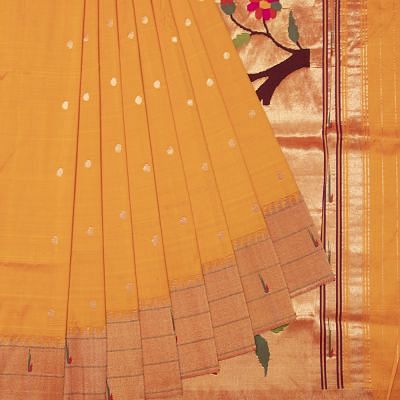 Paithani Silk Butta Mustard Yellow Saree With Triple Muniya Border