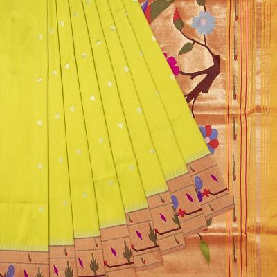 Paithani Silk Butta Parrot Green Saree With Akruthi Border