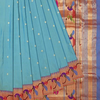 Paithani Silk Butta Sea Blue Saree With Akruthi Border