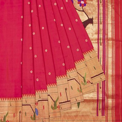 Paithani Silk Butta Redish Pink Saree With Akruthi Border