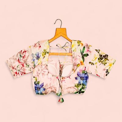 Organza Readymade Padded Floral Printed Baby Pink Blouse