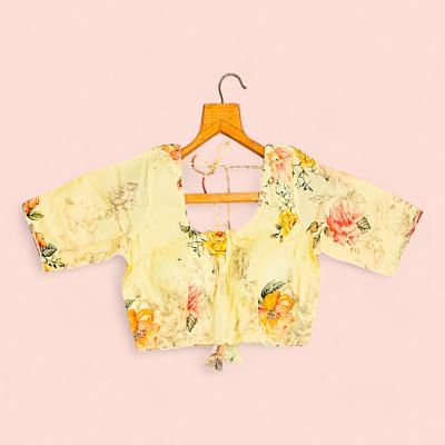 Organza Readymade Padded Floral Printed Lemon Yellow Blouse