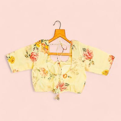 Organza Readymade Padded Floral Printed Lemon Yellow Blouse