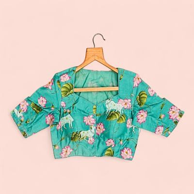 Silk Readymade Padded Pichwai Printed Sea Green Blouse