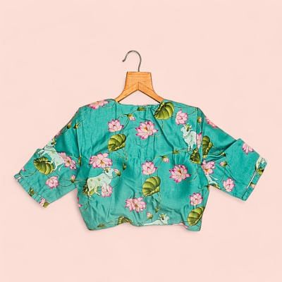 Silk Readymade Padded Pichwai Printed Sea Green Blouse