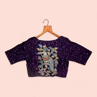 Silk Readymade Padded Floral Printed Purple Blouse