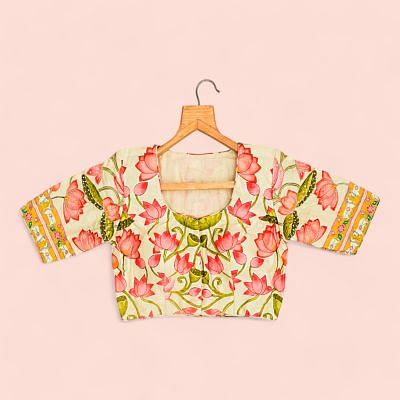 Silk Readymade Padded Floral Printed Cream Blouse