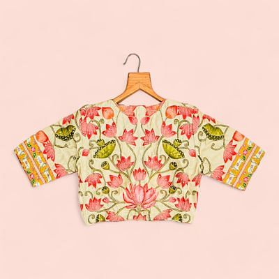 Silk Readymade Padded Floral Printed Cream Blouse