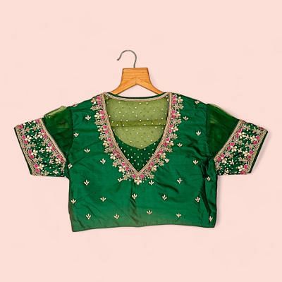 Pure Silk Readymade Padded Dark Green Blouse