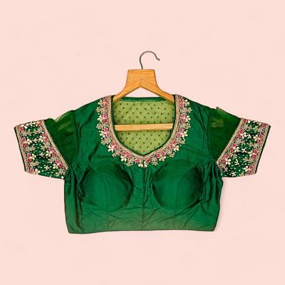 Pure Silk Readymade Padded Dark Green Blouse