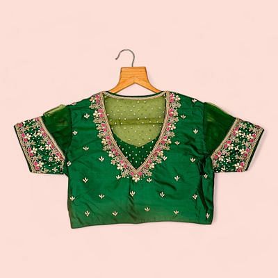 Pure Silk Readymade Padded Dark Green Blouse