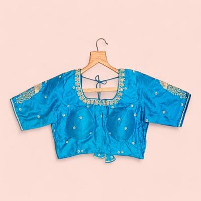 Raw Silk Readymade Padded Sky Blue Blouse