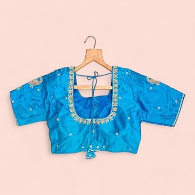 Raw Silk Readymade Padded Sky Blue Blouse