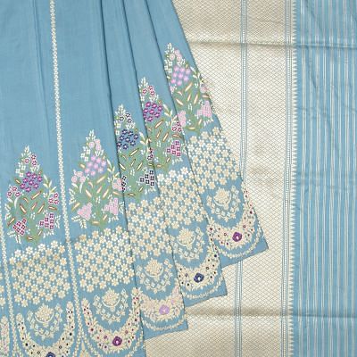 Banarasi Silk Vertical Lines Powder Blue Saree