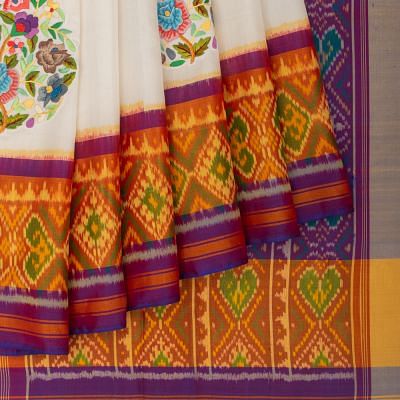 Parsi Gara X Rajkot Patola Silk Ikat Butta White Saree