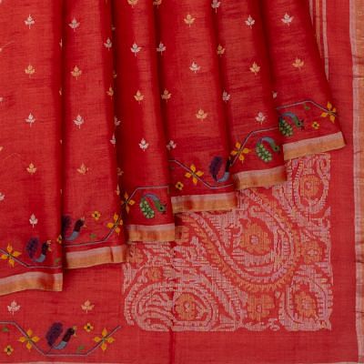 Pure Tussar Butta Red Saree With Embroidery